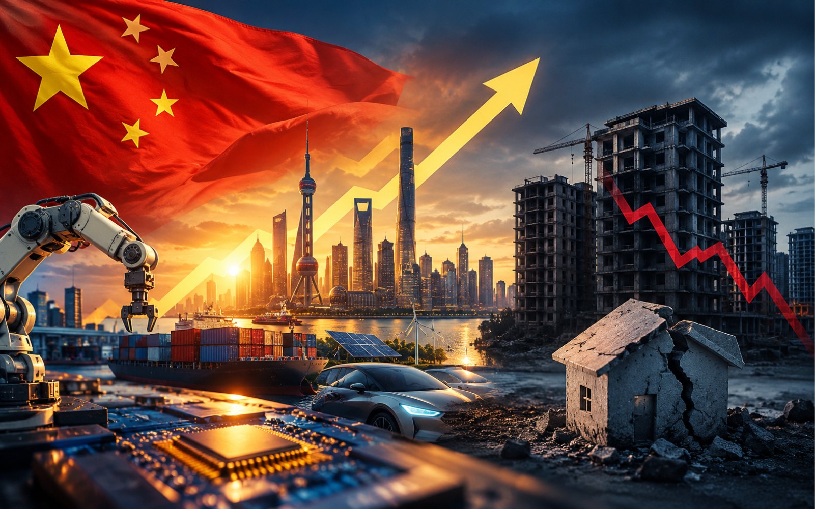 Bandeira da China, cidade iluminada e seta de crescimento ao lado de prédios inacabados, casa rachada e seta vermelha de queda