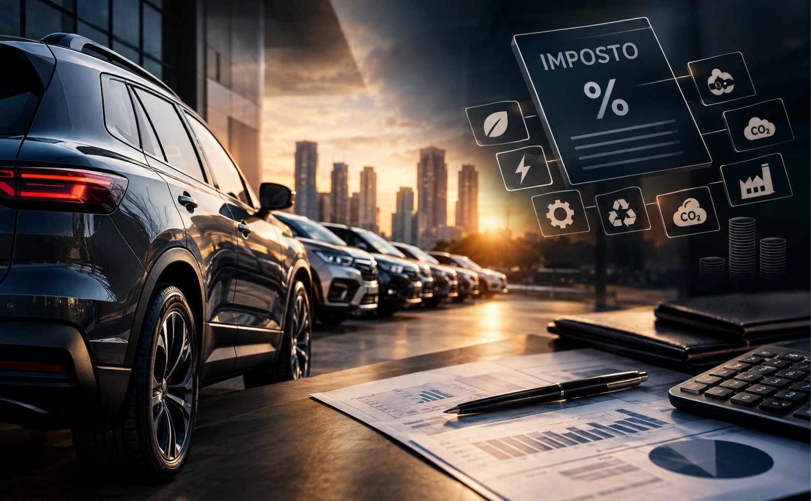 Carros estacionados ao entardecer e uma mesa com relatórios e calculadora, com ícones de imposto, CO₂ e reciclagem