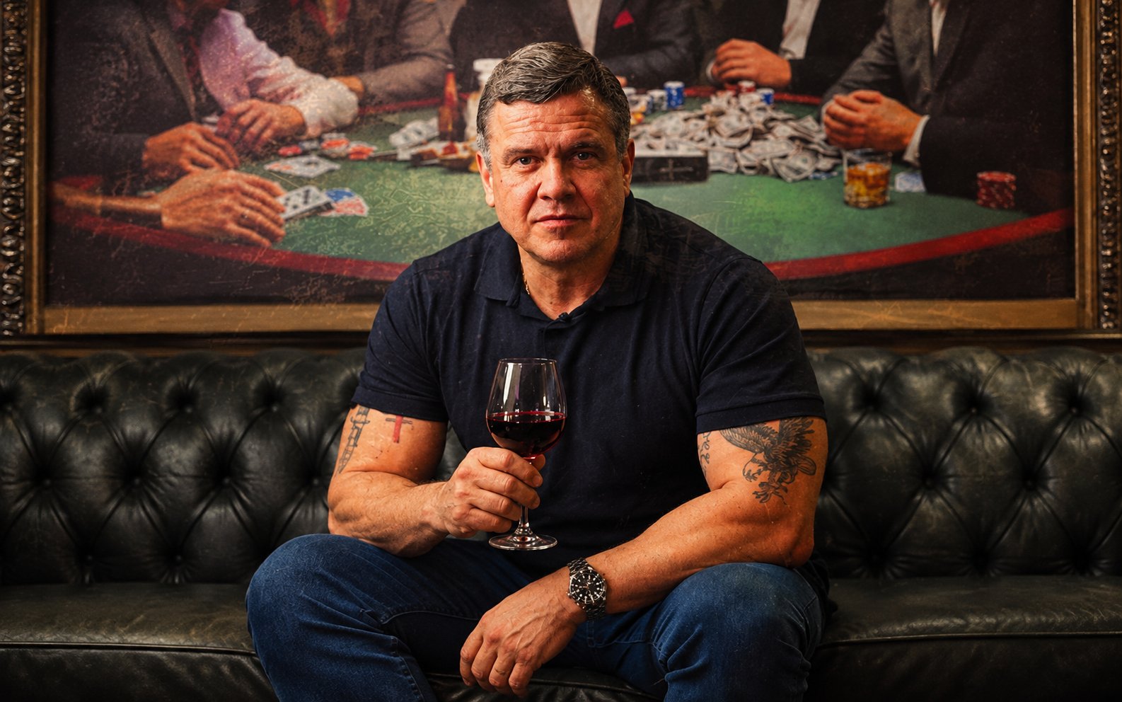 Lásaro do Carmo Jr. com uma taça de vinho, sentado em um sofá de couro